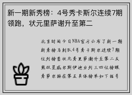 新一期新秀榜：4号秀卡斯尔连续7期领跑，状元里萨谢升至第二